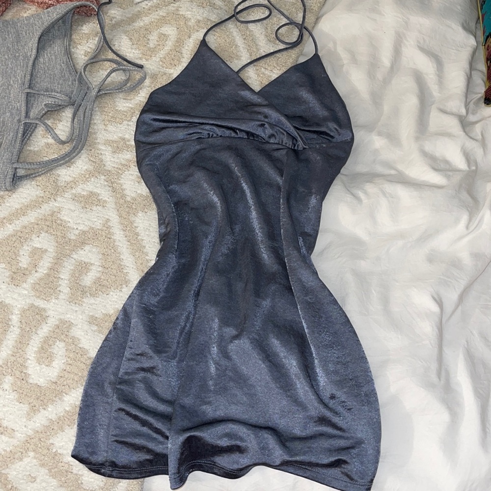 Baby blue/grey silk mini dress